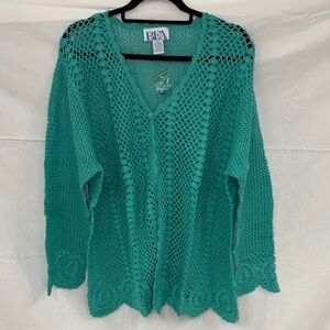 BFA Teal Open-Knit V-Neck Crochet Cardigan